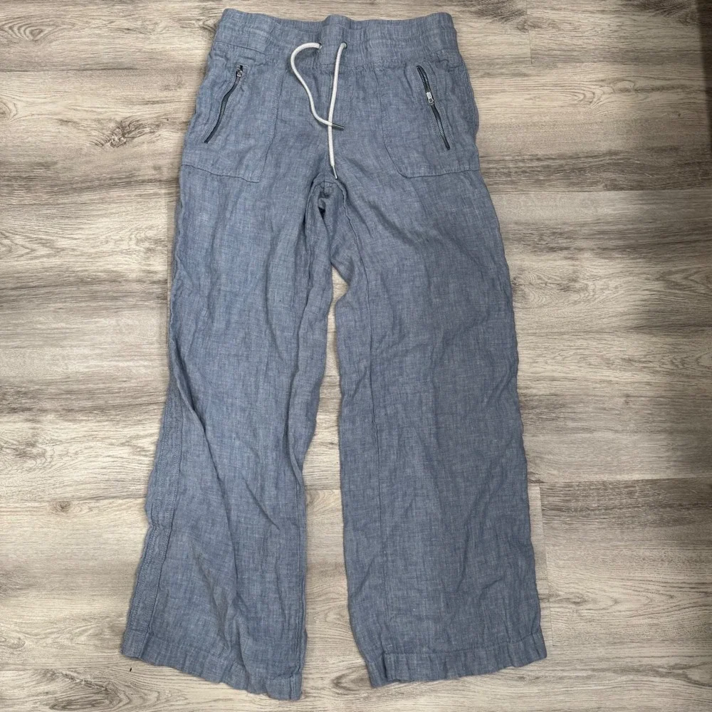 Athleta Caro Linen Blend Pants‎ Womens Size 8 Blue Drawstring Zipper Pockets - Picture 2 of 10